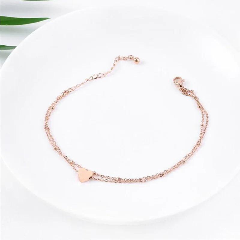 Girls Double Layer Heart Anklet Ankle Bracelet Chain Adjustable