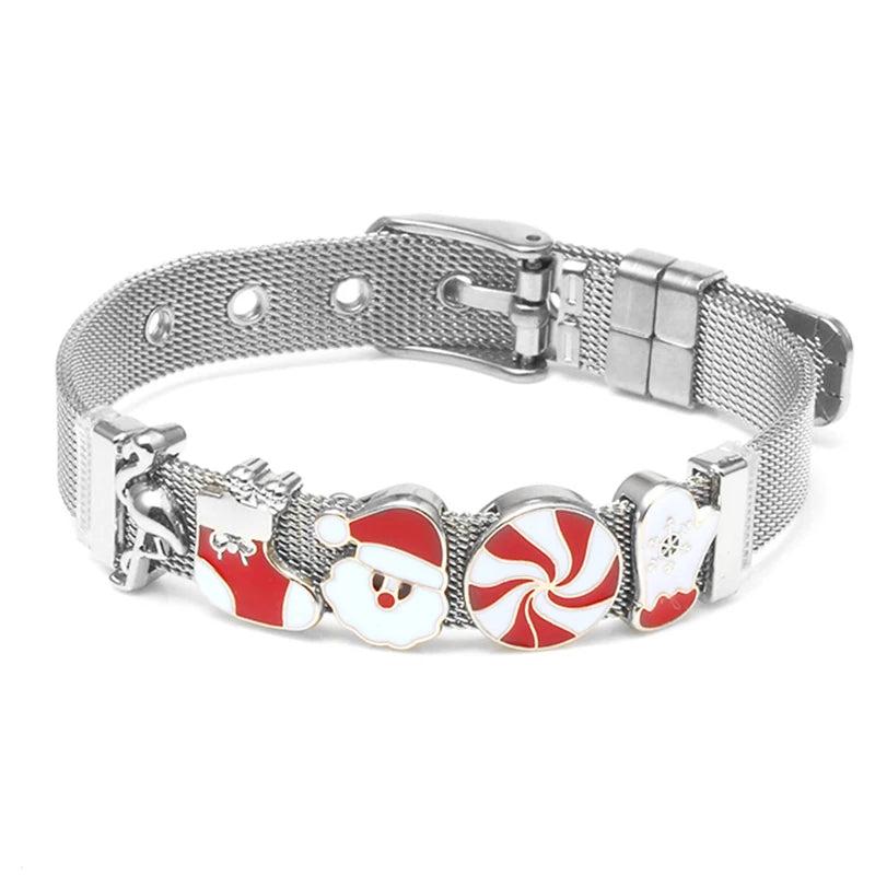 Christmas Stainless Steel Adjustable Mesh Bracelet Santa Claus Slide Beads Charm