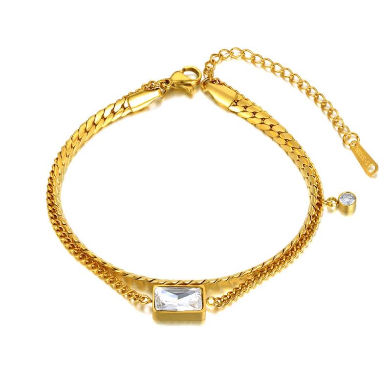 Double Layer CZ Crystal Charm Bracelet 18K Plated Snake Chain VB21164