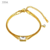 Double Layer CZ Crystal Charm Bracelet 18K Plated Snake Chain VB21164