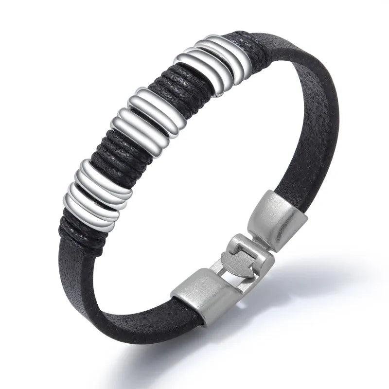 Leather Cuff Bracelet Bangle for Men Stainless Steel Jewelry Male