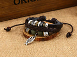 Jesus Fish Multilayer Bracelet Wrap Vintage Braided Leather Charms Beads Bangle