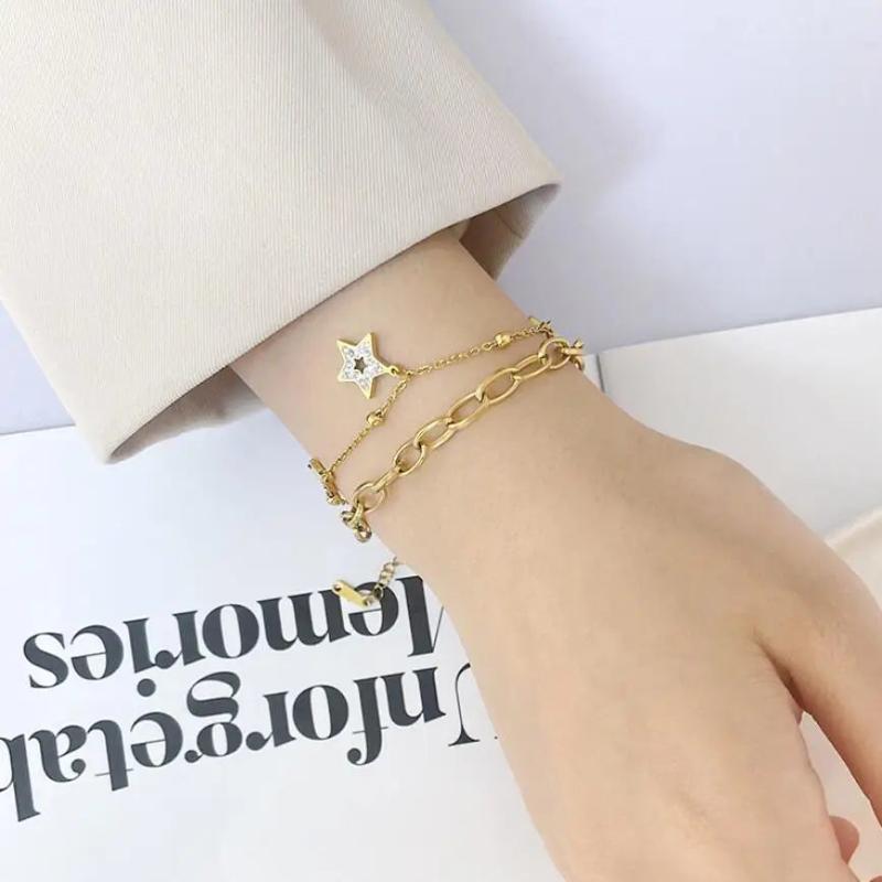 316L Stainless Steel Star Zircon Double Layer Geometric Chain Bracelet