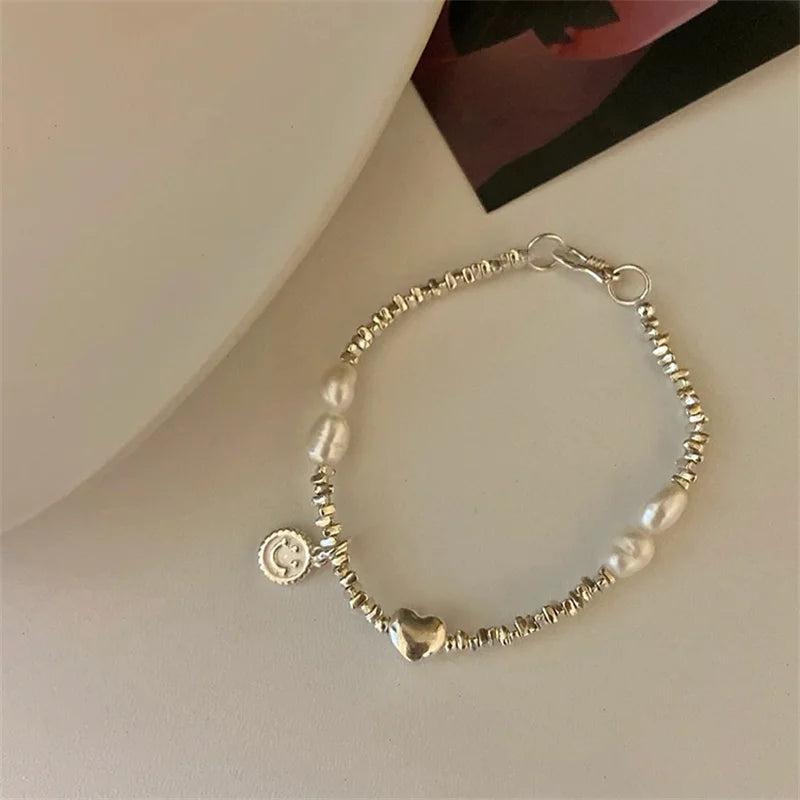 Retro Sweet Metal Pearl Love Heart Bracelet
