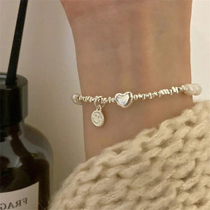 Retro Sweet Metal Pearl Love Heart Bracelet