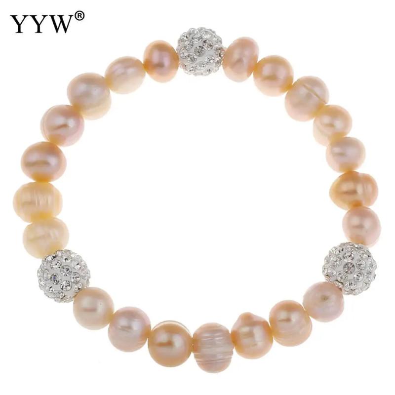 Freshwater Pearl Bracelet Rhinestone Bead 8-9mm 6 Inch