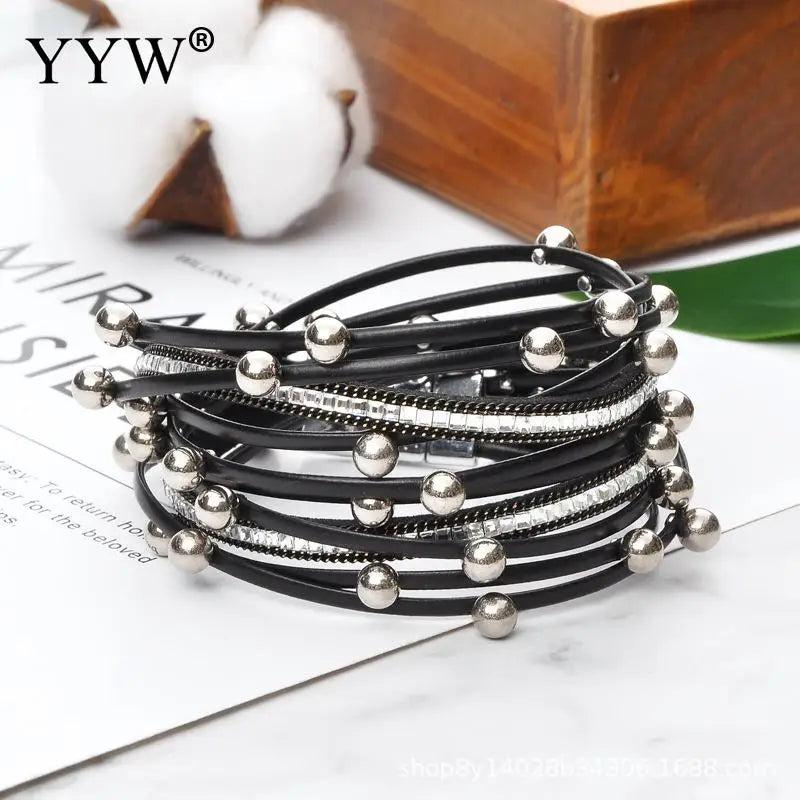 Bohemia Boho Pu Leather Bracelets Women Ladies Simulated Pearl Multilayer Bangle