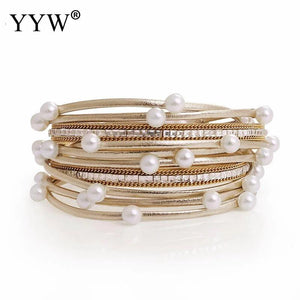 Bohemia Boho Pu Leather Bracelets Women Ladies Simulated Pearl Multilayer Bangle