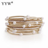 Bohemia Boho Pu Leather Bracelets Women Ladies Simulated Pearl Multilayer Bangle