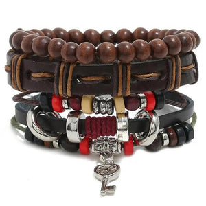 Women Leather Bracelets Set Retro Wood Bead Bangle Wrap Wristband