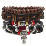 Women Leather Bracelets Set Retro Wood Bead Bangle Wrap Wristband