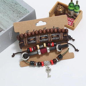 Women Leather Bracelets Set Retro Wood Bead Bangle Wrap Wristband