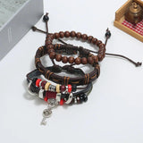Women Leather Bracelets Set Retro Wood Bead Bangle Wrap Wristband