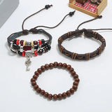 Women Leather Bracelets Set Retro Wood Bead Bangle Wrap Wristband
