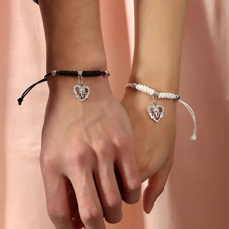 2 PCS Heart Women's Bracelet Key Rhinestone Bow Bracelet