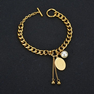 316L Stainless Steel Pearl OT Shape Buckle Tassel Oval Pendant Bracelet