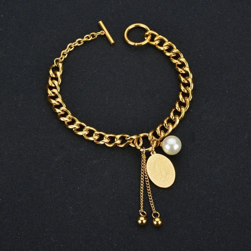 316L Stainless Steel Pearl OT Shape Buckle Tassel Oval Pendant Bracelet