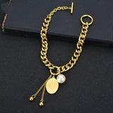 316L Stainless Steel Pearl OT Shape Buckle Tassel Oval Pendant Bracelet