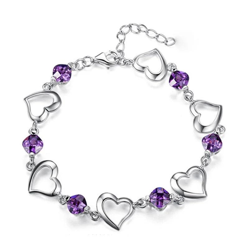 Silver Heart Purple Rhinestone Zircon Bracelet For Women