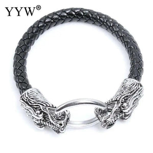 Double Dragon Head Leather Bracelet Titanium Steel Bangle
