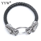 Double Dragon Head Leather Bracelet Titanium Steel Bangle