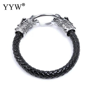 Double Dragon Head Leather Bracelet Titanium Steel Bangle
