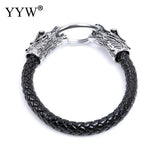 Double Dragon Head Leather Bracelet Titanium Steel Bangle