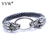 Double Dragon Head Leather Bracelet Titanium Steel Bangle