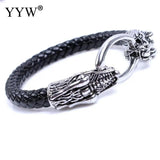 Double Dragon Head Leather Bracelet Titanium Steel Bangle