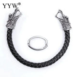 Double Dragon Head Leather Bracelet Titanium Steel Bangle