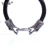 Double Dragon Head Leather Bracelet Titanium Steel Bangle