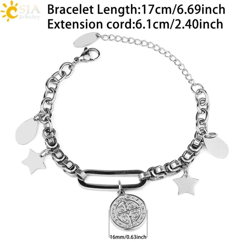 CSJA Stainless Steel Bracelet Coin Tag Round Jesus Charms Wrist Bracelets