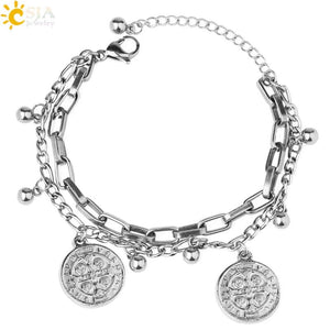 CSJA Stainless Steel Bracelet Coin Tag Round Jesus Charms Wrist Bracelets