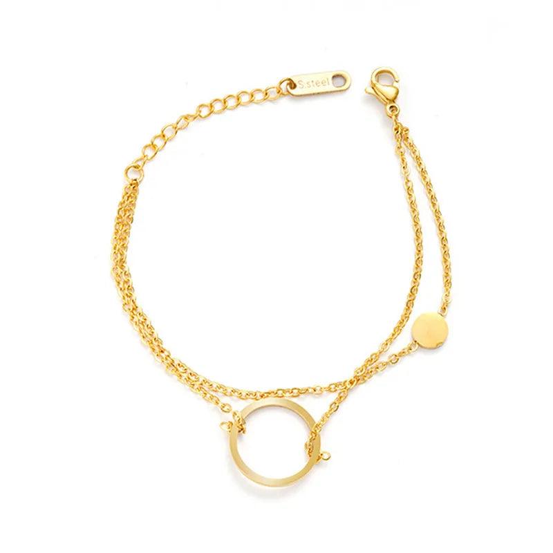 Stainless Steel Layered Chain Bracelets Round Circle Charms Jewelry