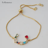 Adjustable 8.7in Plated 26 Letter Initials Bracelet Red Purple CZ Stones
