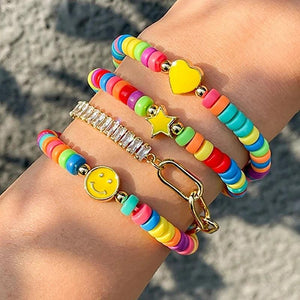 Colorful Bead Chain Bangle Bracelet Yellow Star Heart Pendant