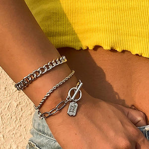 Stainless Steel Nameplate Chain Bracelet Set Punk Buckle Jewelry