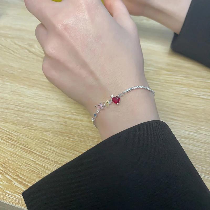 Red Heart Women Bracelet Rhinestone Silver Armband