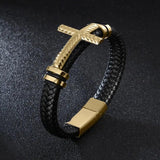 Cross Men's Leather Bracelet Stainless Steel Magnet Bangle