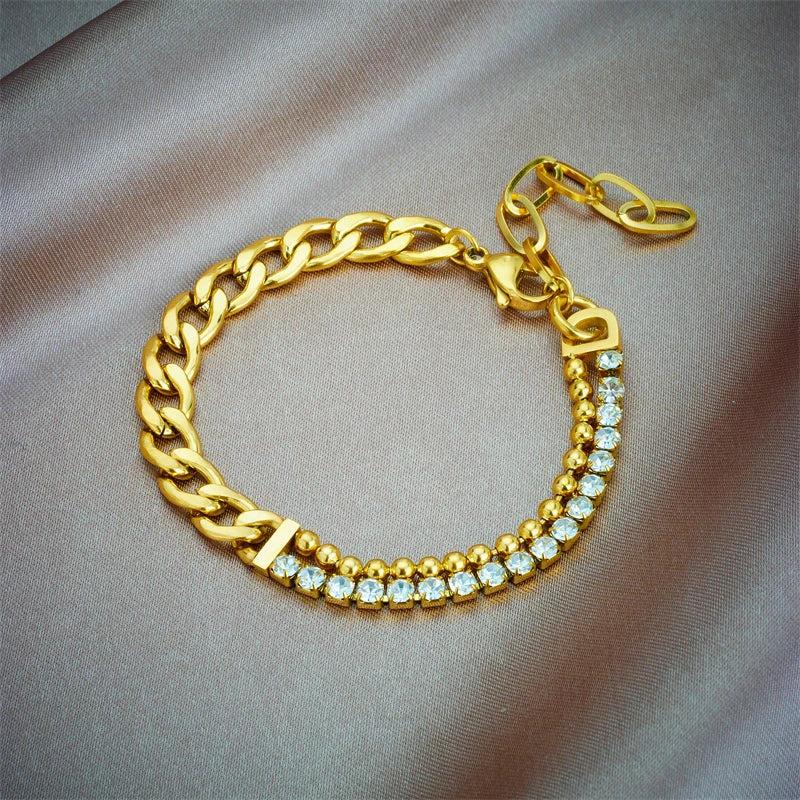 316L Stainless Steel Zircon Crystal Bracelet Asymmetric Thick Chain Bangle