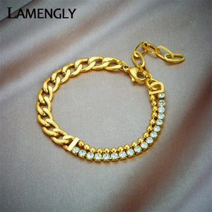316L Stainless Steel Zircon Crystal Bracelet Asymmetric Thick Chain Bangle