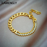 316L Stainless Steel Zircon Crystal Bracelet Asymmetric Thick Chain Bangle