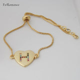 Adjustable 26 Letter Initials Red Purple CZ Heart Charm Bracelet