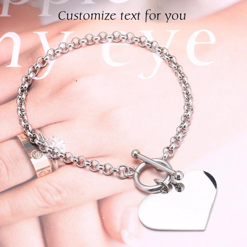Customized Stainless Steel Heart Charm Bracelet with OT Clasps Chain
