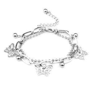 Punk Stainless Steel 2 Layer Butterfly Chain Bracelet Charm Bangle Girls Gift