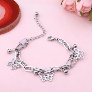 Punk Stainless Steel 2 Layer Butterfly Chain Bracelet Charm Bangle Girls Gift
