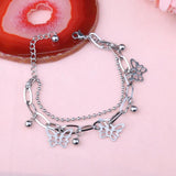 Punk Stainless Steel 2 Layer Butterfly Chain Bracelet Charm Bangle Girls Gift