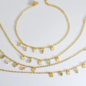 Aneebayh Tiny Stone Charm Bracelet Square Pendant Golden Chain Jewelry