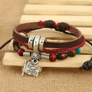 Skull Flag Pirate Bracelet Leather Beads Charm Wrap Bangle Gothic Rock