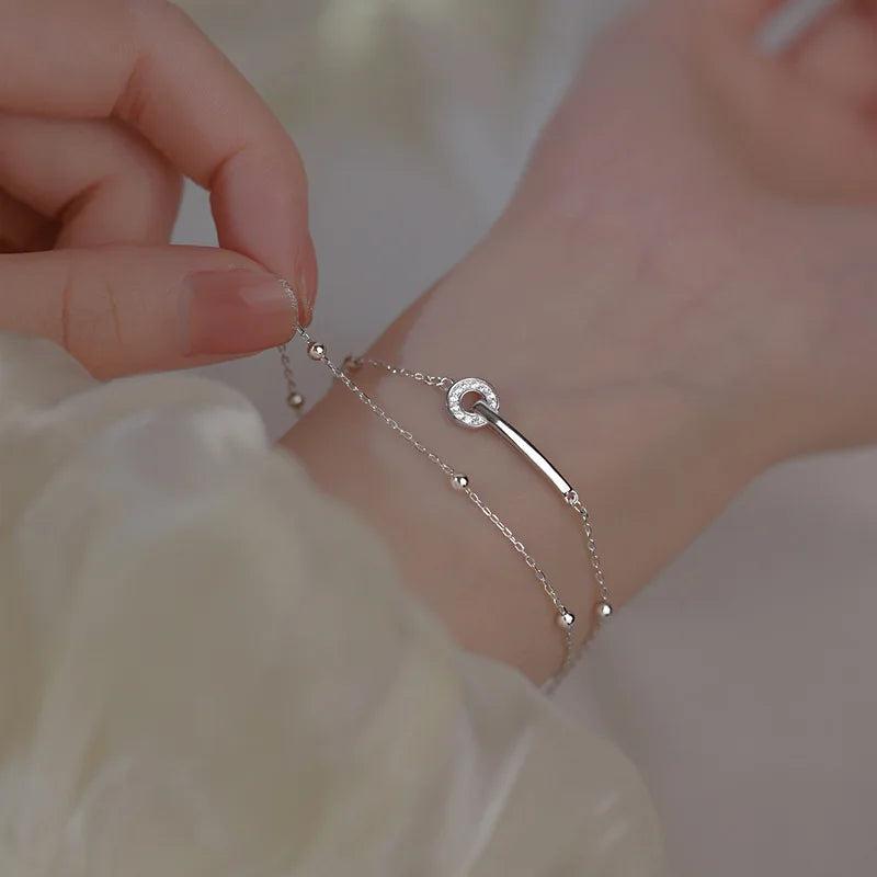 Layered Chain Charm Bracelet Stainless Steel CZ Bar Circle Bracelet